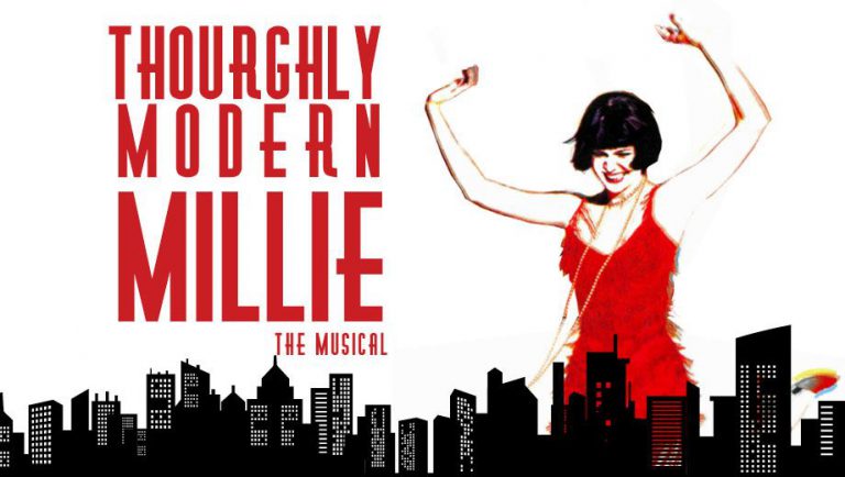 Vibrant poster for the musical "Thoroughly Modern Millie" at Pensacola State College, showcasing a l.