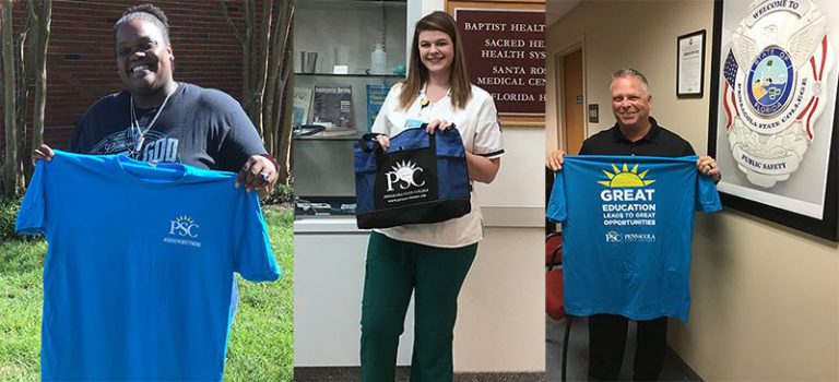 Brightly colored T-shirts and gift bags showcasing Pensacola State College branding.