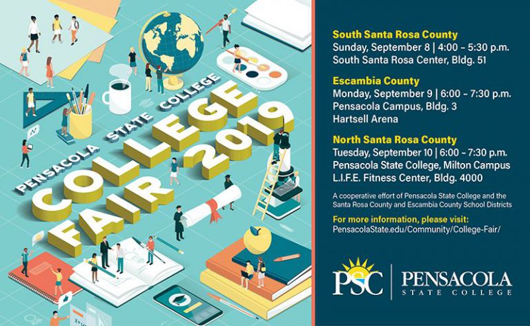 Image of students attending Pensacola State College fall 2019 college fairs with event details.