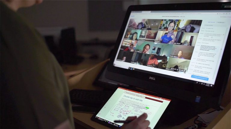 Student participating in online class with multiple students on screen, flexible evening and weekend.