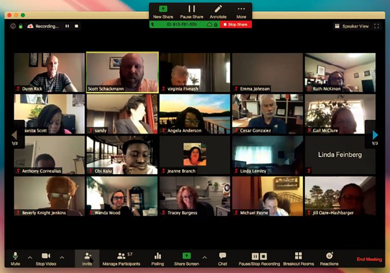 Virtual classroom with diverse students and instructor engaging in remote learning.