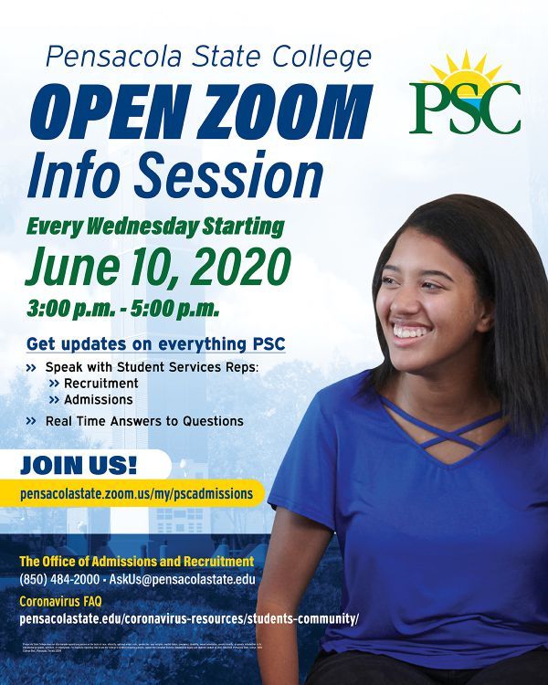 decorative image of zoominfosession , Pensacola State College starts weekly Open Zoom Info Sessions to communicate with prospective students 2020-06-09 13:39:36