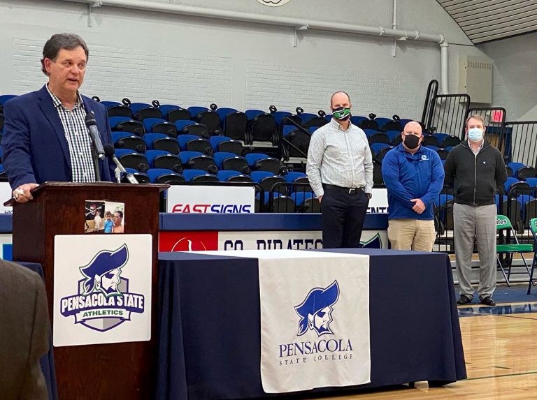 Pensacola State College athletic director Bill Hamilton speaks at retirement event with colleagues p.
