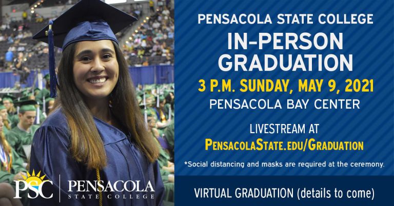 Graduates in caps and gowns at Pensacola State College graduation event.