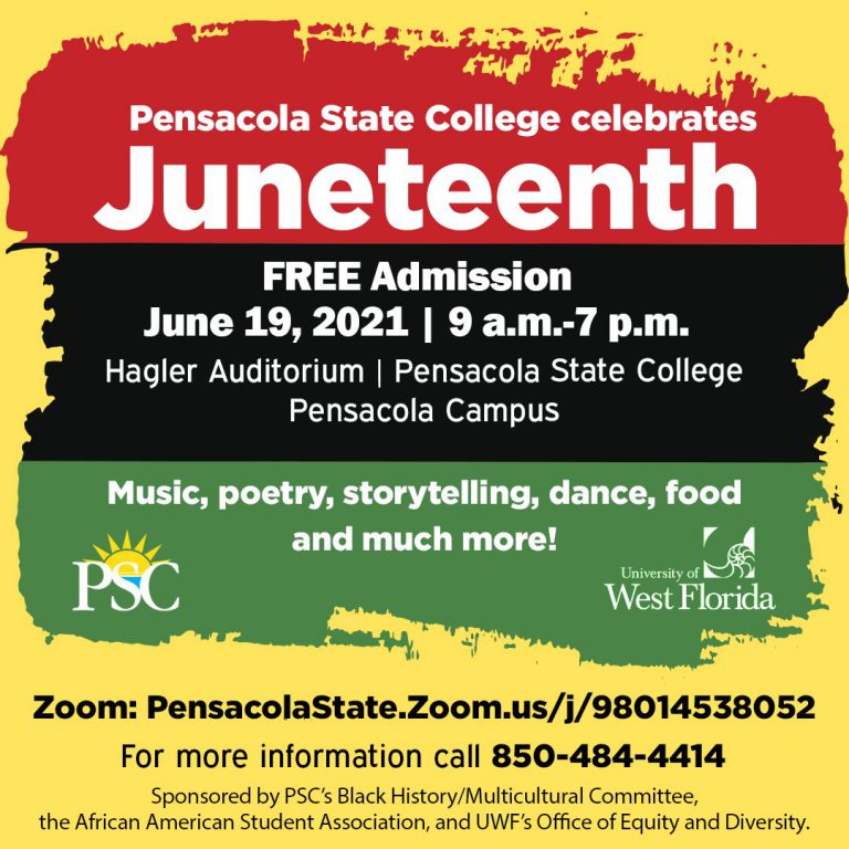 Juneteenth event promoting freedom, culture, and diversity at Pensacola State College campus.