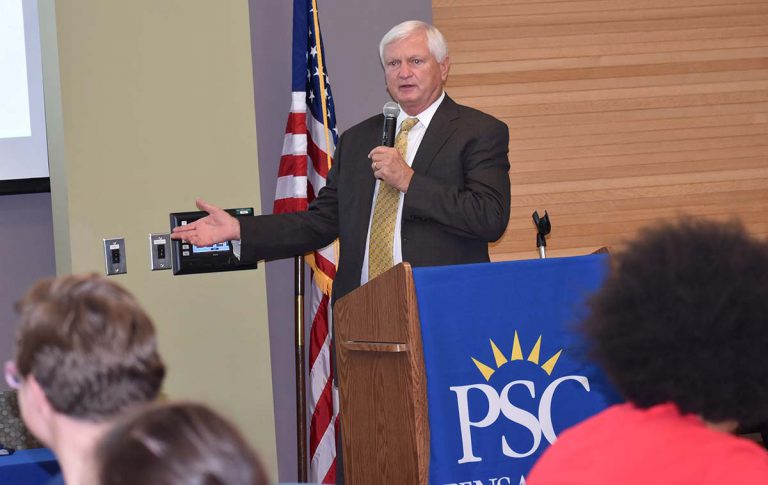 College president Ed Meadows speaking at an event, engaging with students and faculty during a campus session. Ed Meadows, PSC President, addresses students at a campus event, highlighting college leadership and.