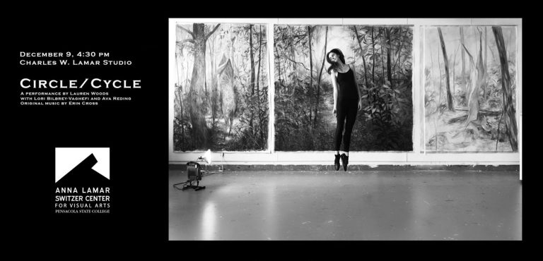 Circle/Cycle – A Performance by Lauren Woods Elegant black-and-white photo of Lauren Woods performing in an art studio with large forest-themed p.