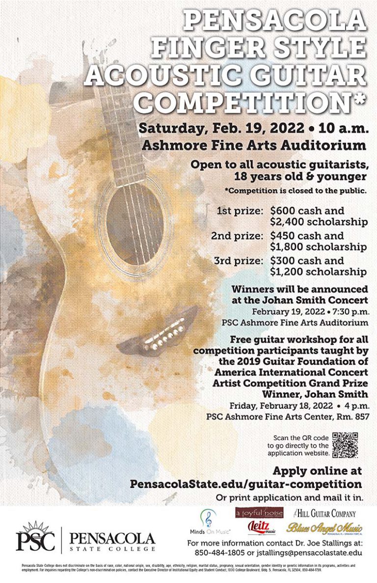 Pensacola Finger Style Guitar Competition – Feb 19 Guitar competition for acoustic guitarists at PSC Ashmore Fine Arts Auditorium.
