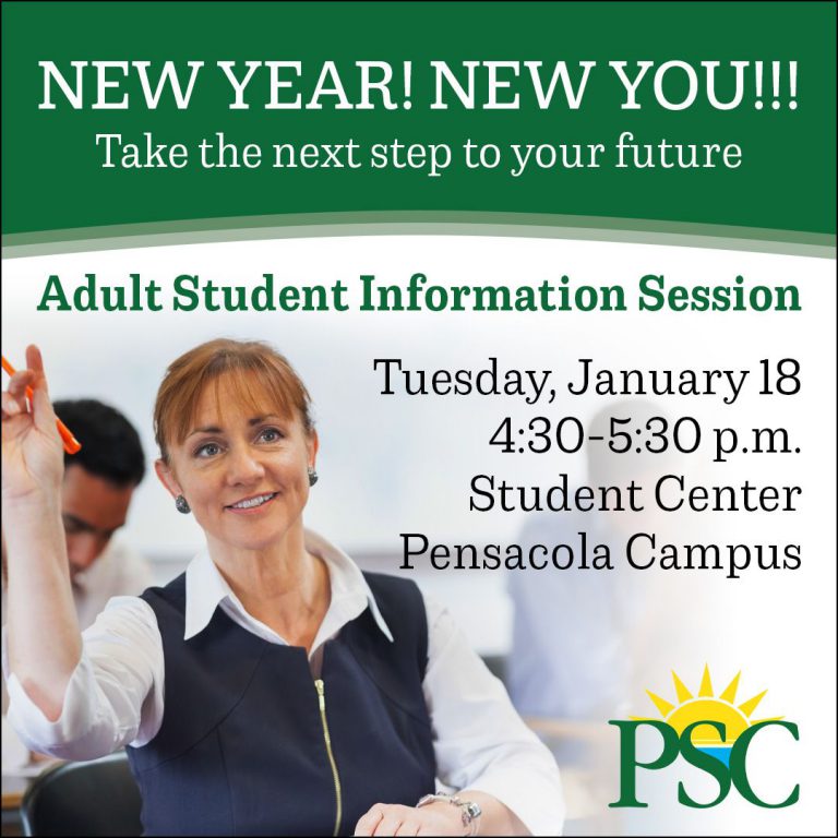 Adult Student Info Session on Jan. 18 at Pensacola State College Adult education info session for older students and GED learners at Pensacola State College.