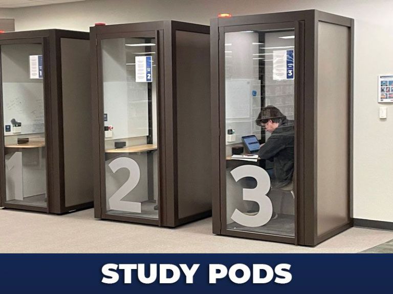 Quiet study pods equipped with charging stations and video conferencing technology at Pensacola Stat.
