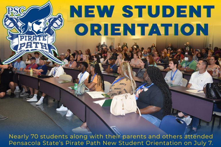 Large group of students and parents attending Pirate Path New Student Orientation at Pensacola State.