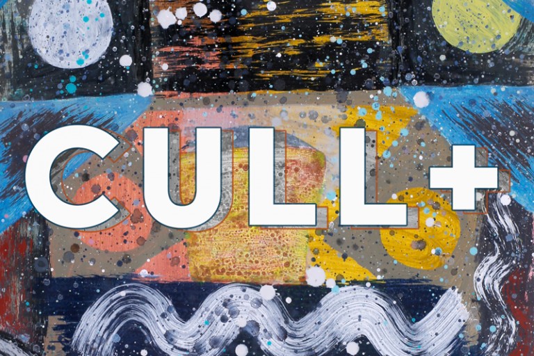 Vibrant abstract artwork featuring bold colors and textures for ‘Cull+’ art exhibit at Pensacola Sta.