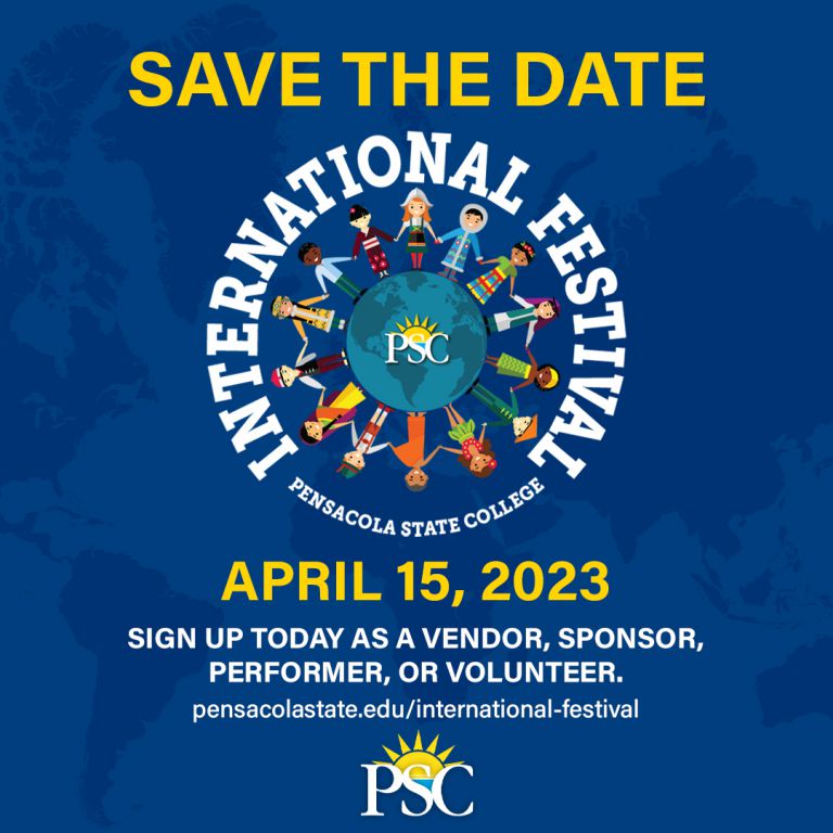 International Festival at Pensacola State College, April 15, 2023, featuring vendors, sponsors, perf.