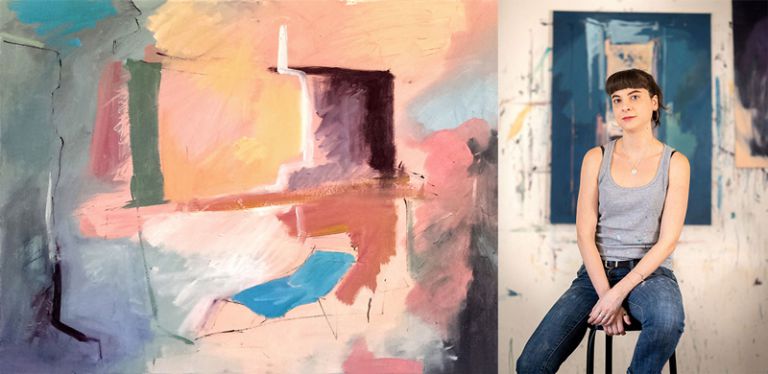 Abstract art painting with pastel hues and a young female artist in a creative studio environment.