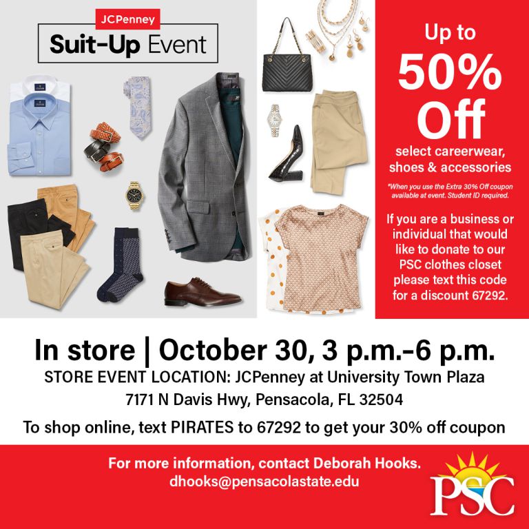 Promotional image for PSC Suit-Up event with discounts on careerwear, shoes, and accessories.