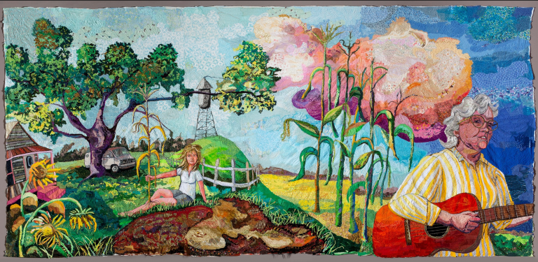 Colorful mural artwork from the 'Hold It Up To The Light' exhibition at PSC’s Switzer Gallery.