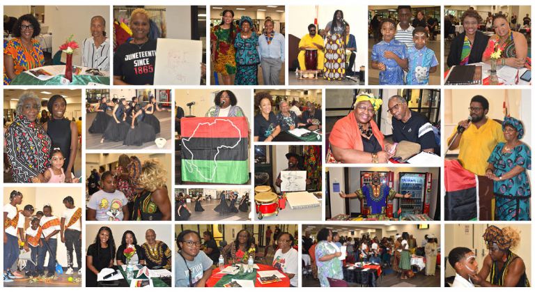 Diverse group celebrating Juneteenth with cultural displays and community engagement.