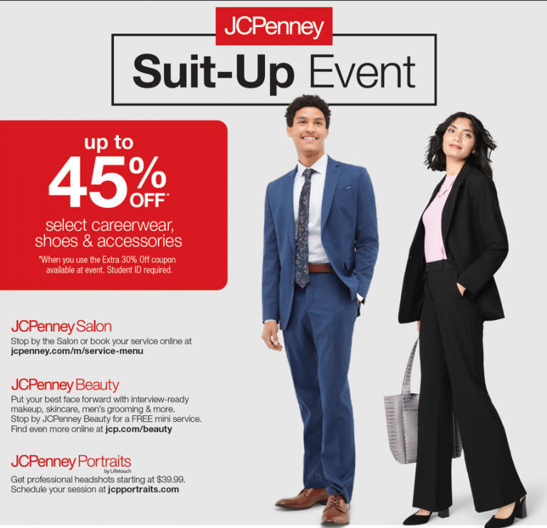 JCPenney Suit-Up event promoting careerwear discounts for Pensacola State College students and commu.