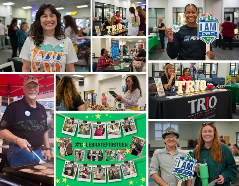 Diverse students and staff celebrating First-Generation Day with activities and photo displays.