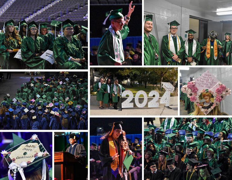 Graduates celebrating at PSC Fall 2024 commencement ceremony Happy graduates in green caps and gowns at Pensacola State College graduation.