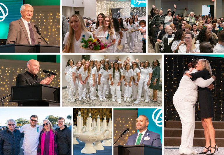 Graduates and speakers at PSC nursing pinning ceremony Nursing graduates and faculty celebrate at Pensacola State College pinning ceremony.