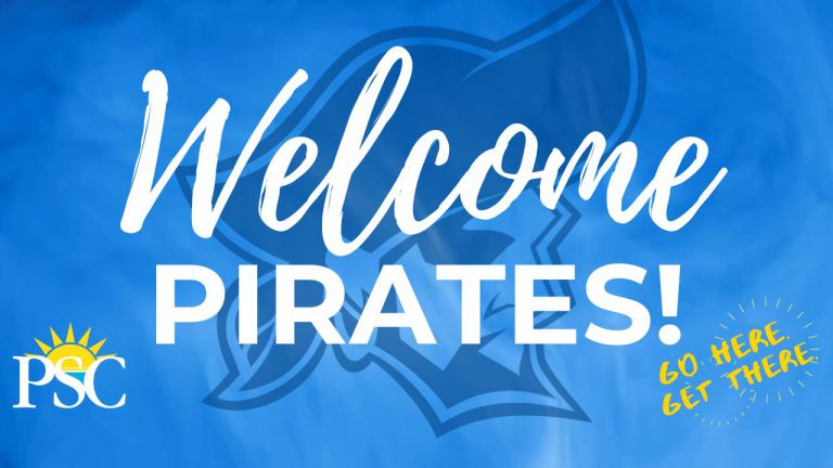 Welcome Pirates! Bright welcome sign for Pensacola State College Spring Semester Welcome Week with pirate theme.