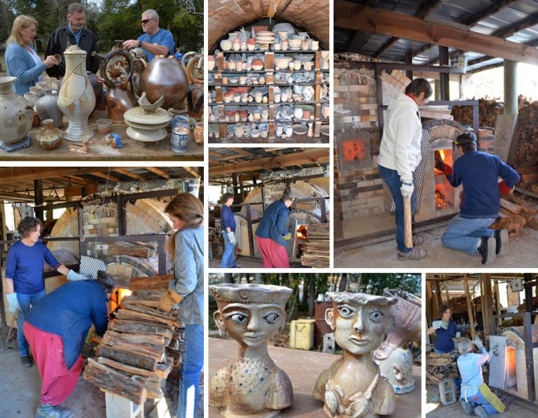 Handmade pottery and kiln walk event at Pensacola State College and Gulf Coast Kiln Walk Society. Pottery artisans creating and showcasing ceramic art pieces in a collaborative workshop.