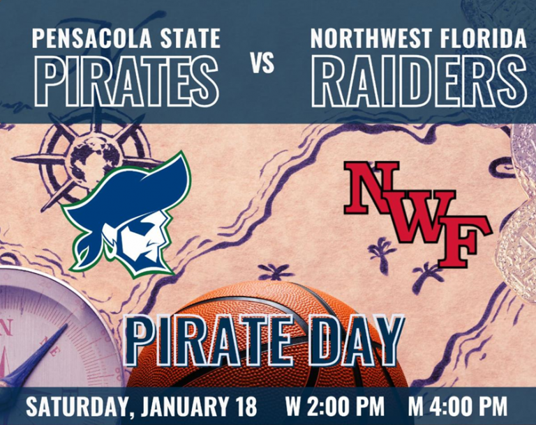 Pirates vs Northwest Florida State on Jan 18 Optimized ALT text for college basketball game between Pensacola State Pirates and Northwest Florida.