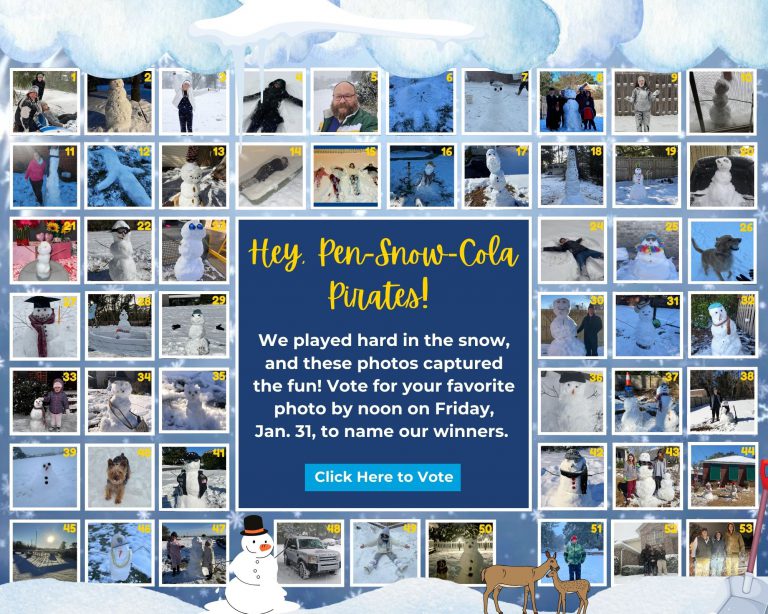 Snowy Pirate Sledding Contest – Pen-Snow-Cola Pirates Snowman and sledding pirates enjoying winter fun at Pensacola State College.