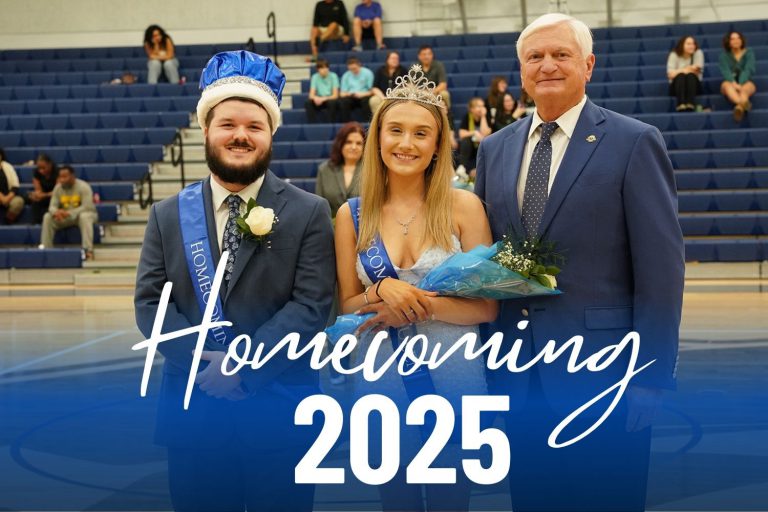 Celebrating PSC Homecoming 2025 with crowned King Gabriel and Queen Makayla in a gymnasium setting.