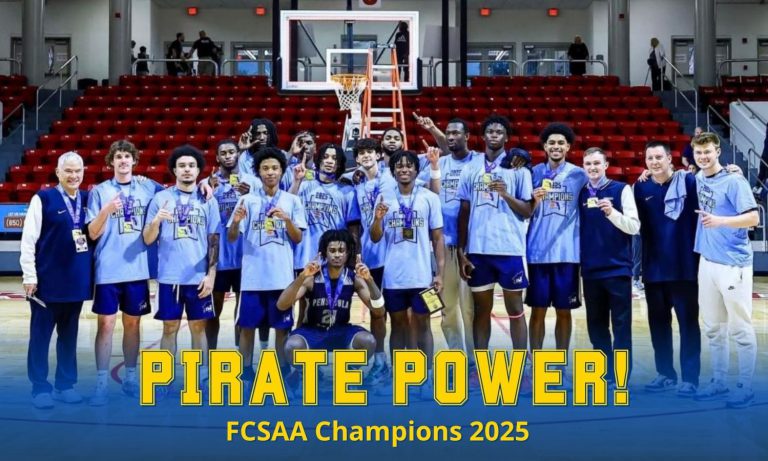 Men’s basketball team celebrating FCSAA Championship victory in 2025.