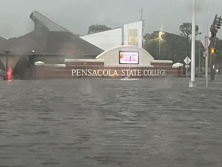 Pensacola State College flooded by thunderstorms during severe weather event Flooded Pensacola State College campus caused by thunderstorms and heavy rain.