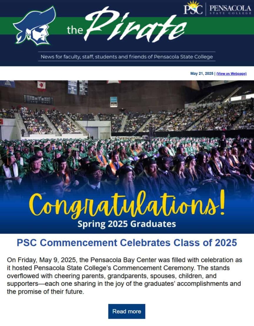 Graduates celebrating at Pensacola State College commencement ceremony in the gymnasium.