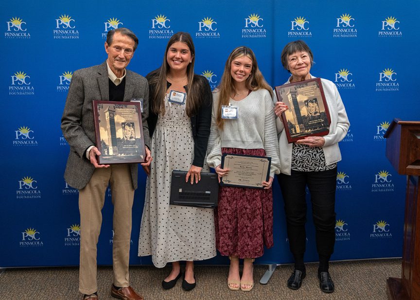 Ami-Lee Wilder’s parents, with students Andria Glaze and Kylie Moore, recipients of the new Ami-Lee Wilder Pirates CARE Endowed Scholarship.