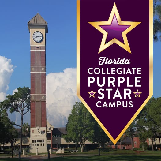 The Florida Collegiate Purple Star Campus ribbon on top of an image of the Pensacola State College bell tower