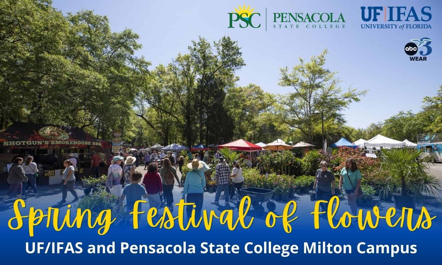 Vibrant outdoor Spring Festival of Flowers event at Pensacola State College Milton Campus with stude.