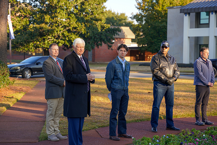 PSC President Ed Meadows makes remarks at the 250 Years Proud flag raising ceremony on the Pensacola campus