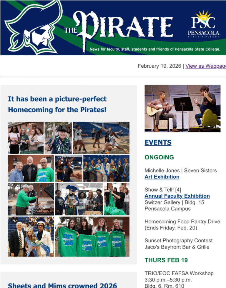 Homecoming parade and events at Pensacola State College celebrating Pirate spirit and student achievement.