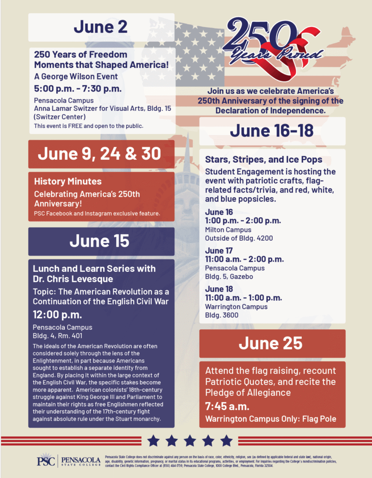 Flyer for 250th Anniversary college events.