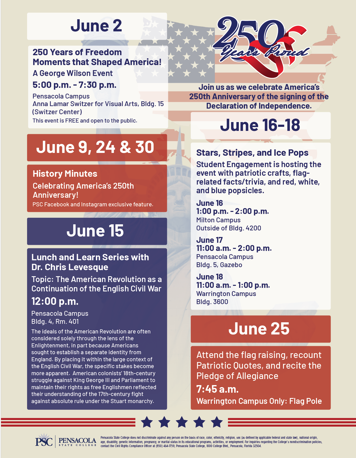 Flyer for 250th Anniversary college events.
