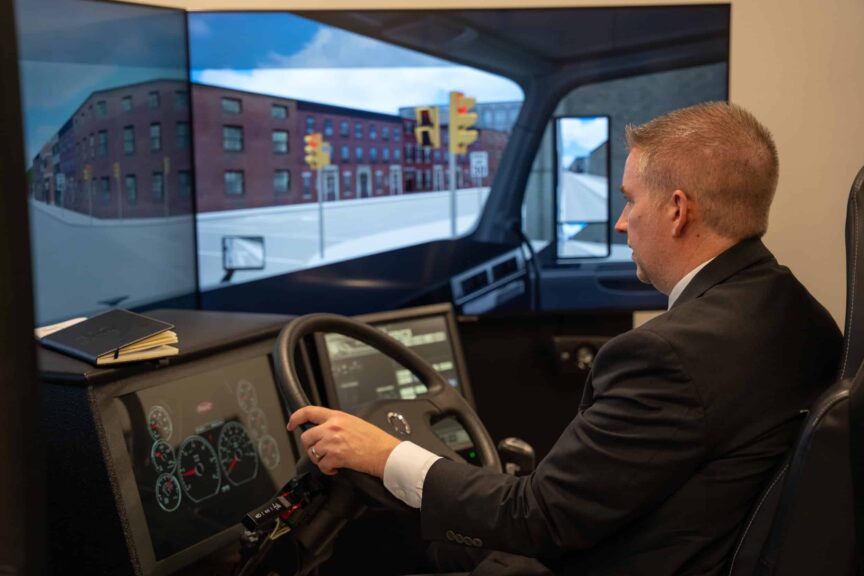 Kelly test drives the CDL truck simulator