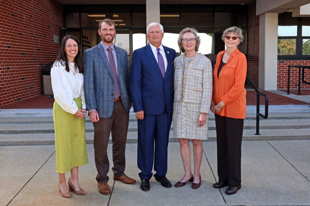 Family members joined former PSC President Ed Meadows for the dedication of C. Edward Meadows Hall. From left: Jessica and Andrew Meadows, his son; Ed Meadows and his wife Kitty; and his sister, Rita.
