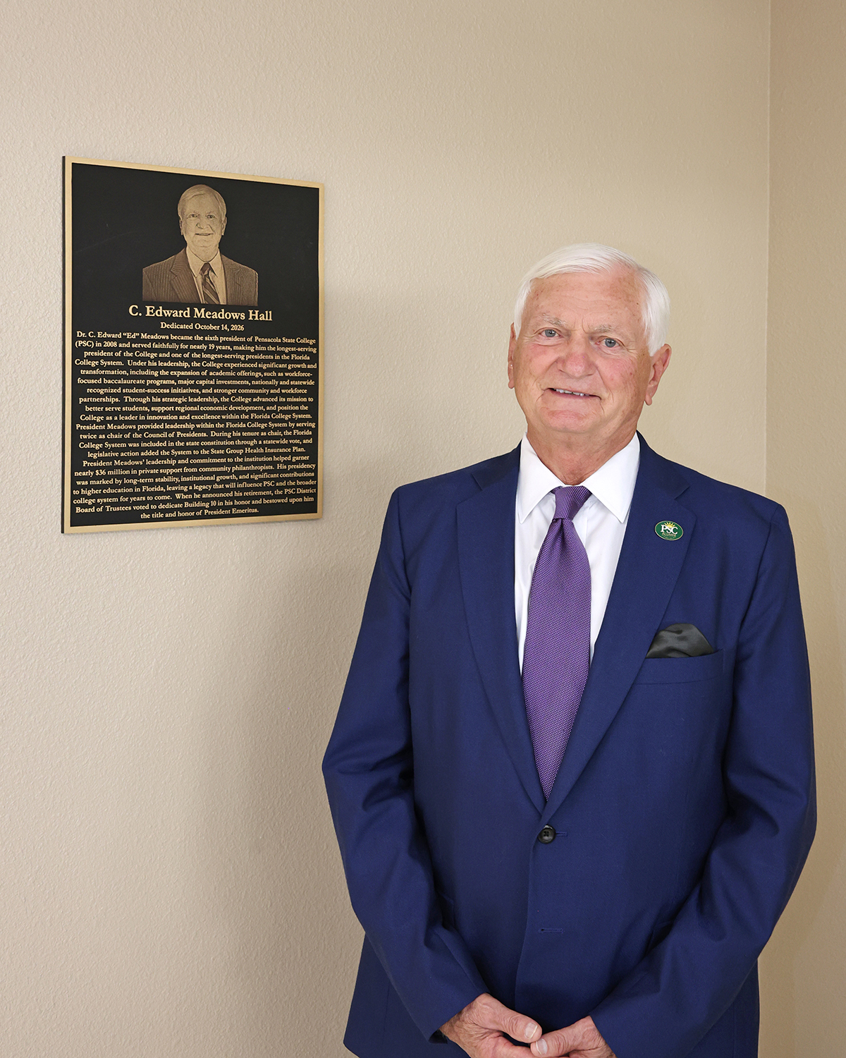 Building 10, home to the PSC Business Department on the Pensacola campus, was dedicated as C. Edward Meadows Hall on Oct. 26.