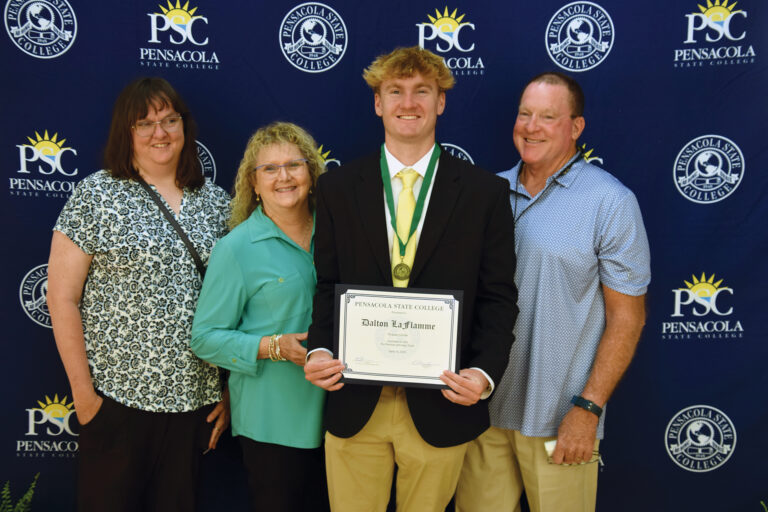 From left: Brittany, Kim, Dalton and Jerry LaFlamme during the Spring 2026 Student Awards Ceremony at Pensacola State College.